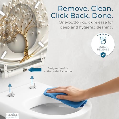 Sanilo Wooden Toilet Seat with Quick Release & Soft Close [ROUND] - Decorative & Slow Close Molded Wood Seat - With One Click for Easy Installation & Cleaning - With Adjustable Fit (Tree of Life)