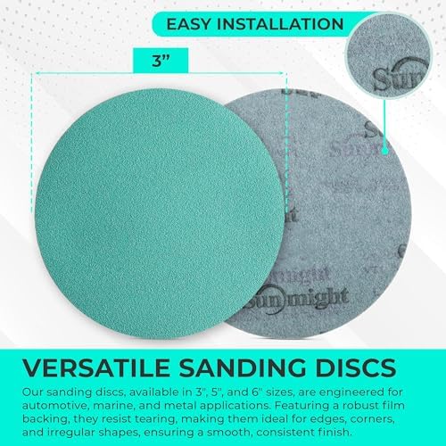 Sunmight Film Grip No Hole 3 Inch Sanding Discs - 150 Grit, Premium Aluminum Oxide - Strong Film Backing for Automotive, Marine, Wood & Metal Applications - Excellent Cutting and Long Life (50 Pcs)