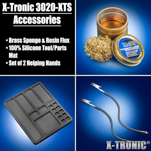 The Original X-Tronic 3020-XTS • 75W Soldering Iron Station Kit • 2 Helping Hands • Silicone Tool Mat • 5 Extra Tips • 50g Roll of Solder • Brass Sponge • Cleaning Flux • C/F Conversion • Auto Sleep!