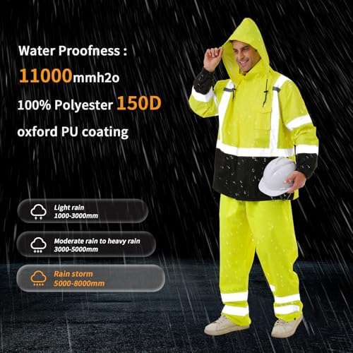 Hi Vis Safety rain Jacket，Reflective Class 3 Rain coat with Inner Mesh Lining and Pockets High Visibility Waterproof work Rain Suits for men&women（Lime,LG/XL）