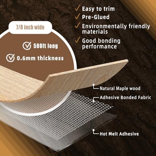 GSCIT Club Maple Edge Banding, 7/8 inch x 500ft roll of Veneer Wood Edge Banding Preglued Flexible, Plywood Tape Banding for Cabinet Repair Edging