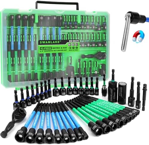 41-Piece Magnetic Nut Driver Set for Impact Drill Metric & SAE, Impact Socket Adapter, 2-IN-1 Ratchet Handle, Wing Nut Driver, Universal Socket, 1/4'' Quick-change Bit Holder