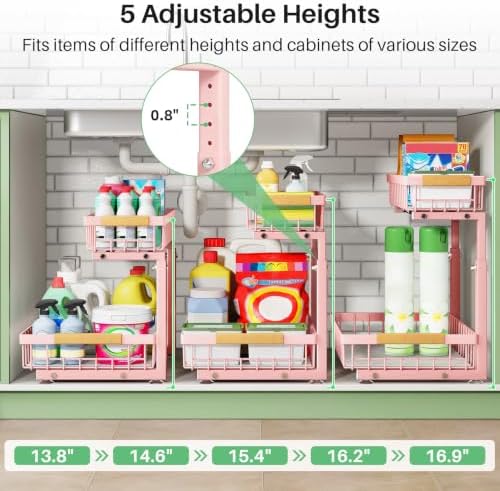 Kitstorack Under Sink Organizer, 2 Tier Under the Sink Storage, Slide out Pull out Cabinet Organizer Shelf, Metal Sliding Drawer for Kitchen Bathroom Pantry Closet Organization Rack, Pink, 2 Pack