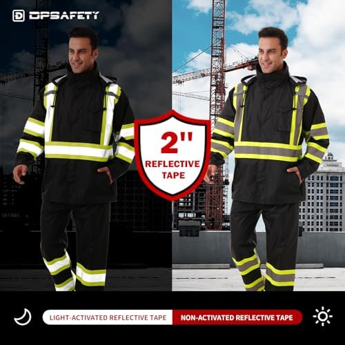 Hi Vis Safety rain Jacket，Reflective Class 3 Rain coat with Inner Mesh Lining and Pockets High Visibility Waterproof work Rain Suits for men&women（Black,LG/XL）