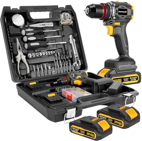 AwxryoX Brushless Compact Drill Tool Set, 60N.m 20V Cordless Drill Tool Box with 2 Battery, 135Pcs Man Household Combo Set with DIY Hand Taladros Kits, 531 In-lb Kit with Drill for Daily Home Repair