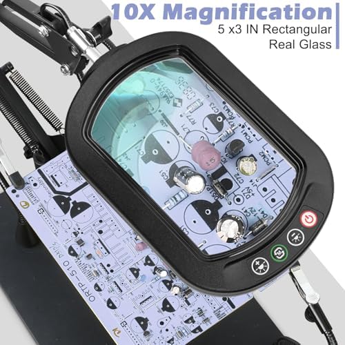 Drdefi Helping Hands Soldering Station, 10X Square Magnifying Glass with Light and Phone Holder, 4 Magnetic Third Hands Soldering Tool, PCB Holder Solder Magnifier Desk Lamp for Electronic Repair