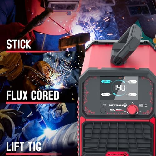 ACEWELDER 140A MIG Welder, 3 in 1 Flux Core, MIG/LIFT TIG/Stick Welding Machine 110V Portable IGBT Inverter Synergic Control, LED Display with Welding Helmet