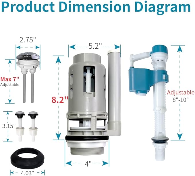 3-Inch Dual Flush Valve Replacement Kit for 2-Piece Toilet - Fits Glacier Bay, Aquasource and Most Universal. Includes 8.2” Flush Valve, Fill Valve, Button, Gasket, Bolts