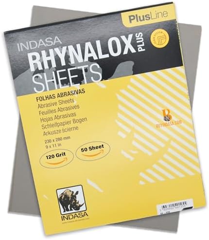 Indasa 50 PCS 9x11 Sandpaper Rhynalox Plusline - 120 Grit Dry Sanding Sheets, Professional-Grade Abrasive for Wood, Metal, Automotive, and Paint Finishing - Durable, Clog-Resistant Sand Paper