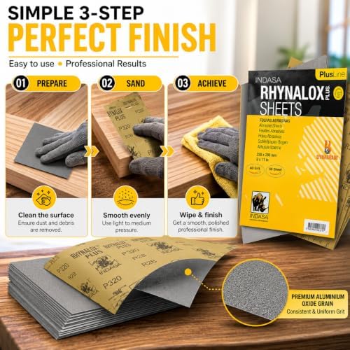 Indasa 50 PCS 9x11 Sandpaper - Dry Sanding Sheets, 40 Grit, Rhynalox Plusline Professional-Grade Abrasive for Wood, Metal, Automotive, and Paint Finishing - Durable, Clog-Resistant Sand Paper