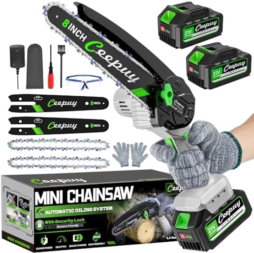 Mini Chainsaw Cordless 8 Inch with 2x 4000mAh Batteries, Portable Electric Chain Saw, Automatic Oiler, Battery Powered Small Handheld Saw, Security Lock Trees Branches Trimming, Wood Cutting, 2026