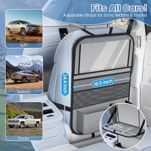 2PACK-Car Backseat Organizer with Touch Screen Tablet Holder,9 Storage Pockets Storage Organizer with Foldable Food Tray, Protector Kick Mats for Kids, Travel Accessories Organizer (Grey)