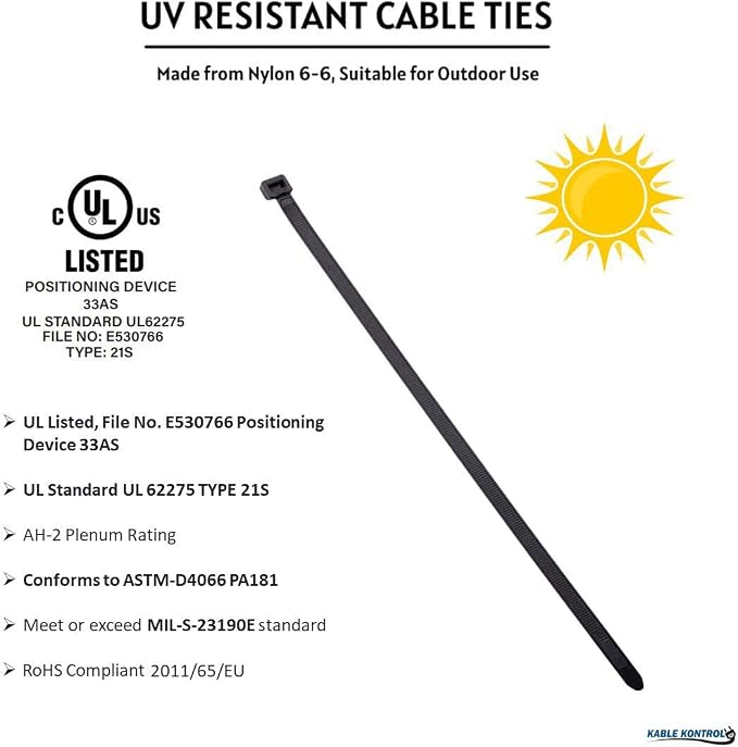 Kable Kontrol Cable Zip Ties, 11 Inch, 8000 Pcs, 50lbs Test, Black | Nylon Plastic, UV-Resistant, Self Locking, UL Listed, Indoor & Outdoor Use
