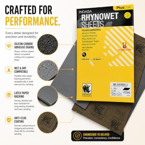 Indasa 50 PCS 5.5x9” Wet & Dry Rhynowet Sandpaper 2000 GRIT Half Sheets – Silicon Carbide Abrasive for Auto, Wood, Metal, Paint & Coat Finishing – Sand Paper, Plusline, Abrasive Sandpaper, Plusline