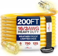 200ft Outdoor/Indoor Extension Cord 16/3 Gauge Heavy Duty 3 Prong SJTW, Waterproof, Flexible Cold-Resistant Long Power Cord,6A 125V 750W, Yellow by LifeSupplyUSA
