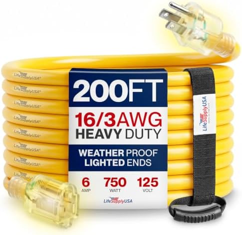 200ft Outdoor/Indoor Extension Cord 16/3 Gauge Heavy Duty 3 Prong SJTW, Waterproof, Flexible Cold-Resistant Long Power Cord,6A 125V 750W, Yellow by LifeSupplyUSA