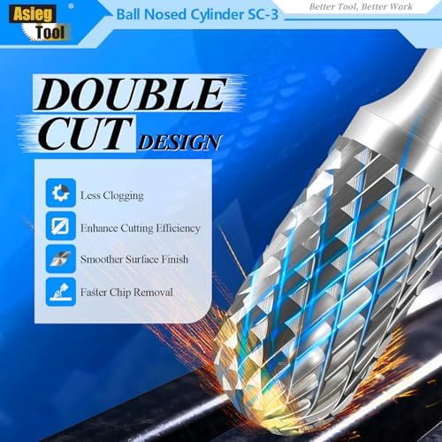SC-3 Tungsten Carbide Burr Rotary File Cylindrical Ball Nose End Shape Double Cut for Die Grinder Drill Bits 1/4'' Inch Diameter of Shank and 3/8'' Inch Diameter of Cutter 3/4'' Inch Cutter Length