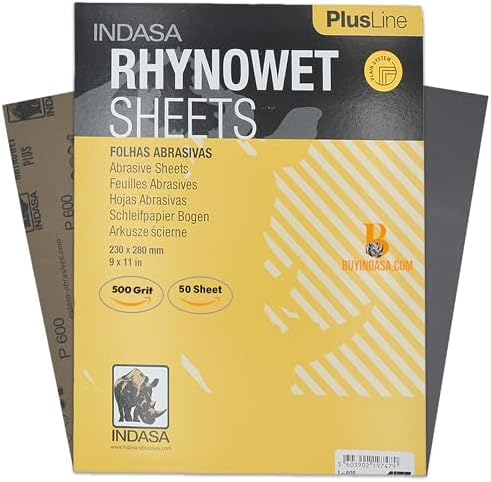 Indasa 50 PCS 9x11” Wet & Dry Sandpaper Sheets, 500 GRIT, Rhynowet Clog-Resistant Abrasive for Wood, Metal, Auto, Paint & Clear Coat Finishing, Sand Paper Silicon Carbide, Plusline