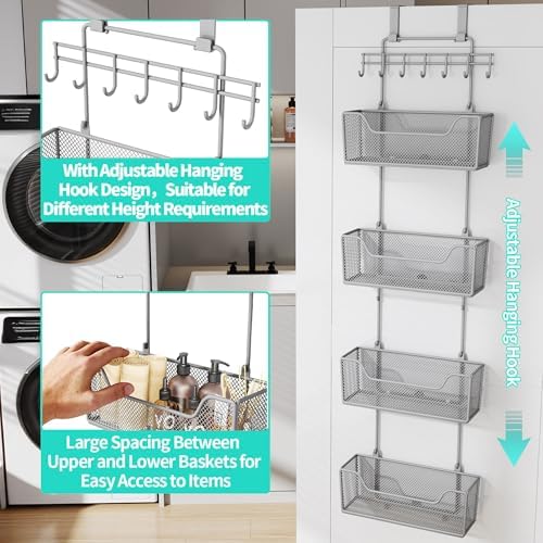 HapiRm Over The Door Organizer - Hanging Door Organizer with 4 Metal Large Capacity Baskets and Adjustable Coat Hook for Bathroom Bedroom Kitchen Pantry Closet Cabinet