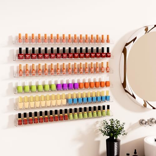 30 Inch Clear Nail Polish Wall Rack with Removable End Caps Set of 6, Acrylic Nail Polish Organizer Wall Mounted,Nail Polish Sorage Shelves for 192 Bottles (30 Inch)