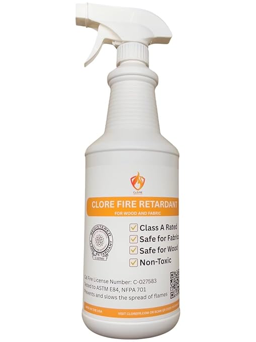 Clore Fabric & Wood Fire Retardant Spray – Class A Flame Resistant Treatment, NFPA 701 & ASTM E84, Non-Toxic Fireproofing Spray for Drapes, Lumber, Décor (Spray Bottle)