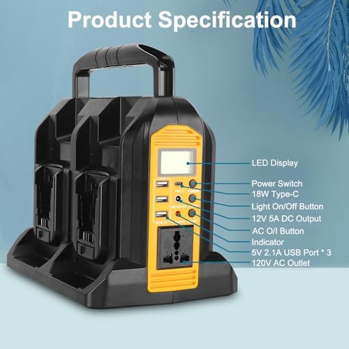 Choerinton 350W Power Inverter for Dewalt 20v 60V Battery 4-Ports DC 20V to AC 110-120V Pure Sine Wave Battery Inverter with LED Light, 3 USB-A Port,1 Type-C Port,1DC Port for Camping Emergency