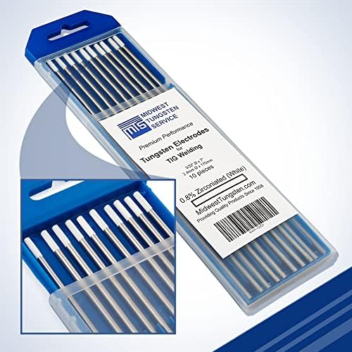 Midwest Tungsten Service TIG Welding Tungsten Electrodes 10-Pack (White - 0.8% Zirconiated Tungsten (WZ8, EWZ-0.8), 3/32")