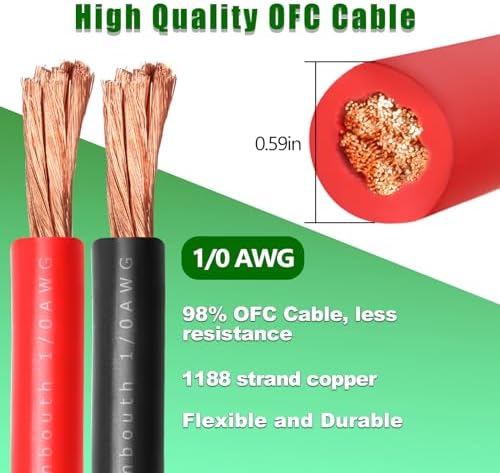 1/0 Gauge Battery Cable Copper Wire, 20FT Red + 20FT Black