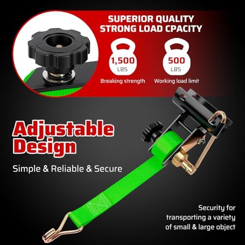 Green Rack Straps with J-Hook (2PK),1.5" x7.5' Ladder Rack Ratchet Straps, 2" Round Tube Mount, Perfect Ladder Rack Tie-Downs for Trailer Cargo Control