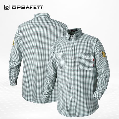 FR Shirts for Men 7oz Fire Resistant Shirts CAT2 Welding Shirt 100% Cotton Flame Resistant Shirt Greens/Plaid(X-Large)