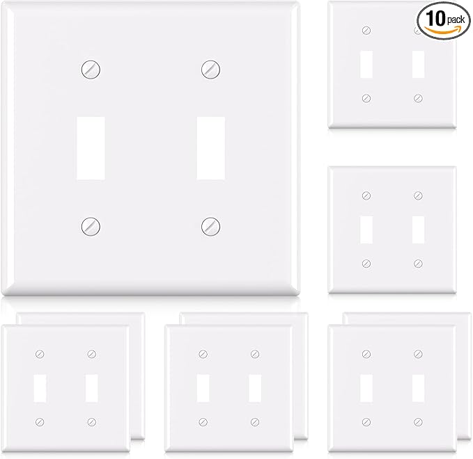 ELEGRP 2-Gang Toggle Switch Wall Plates, Standard Size 4.53" H x 4.57" L Unbreakable Thermoplastic Faceplate Cover for Toggle Dimmer Light Switches, UL Listed (10 Pack, Glossy White)