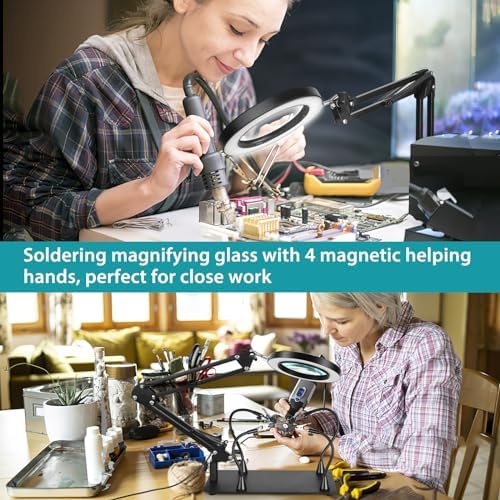 Helping Hands Soldering Station, 12X Magnifying Glass with Light with Phone Holder, 4 Magnetic Third Hand Soldering Tool, PCB Holder Magnifier Desk Lamp for Soldering Repair Jewelry Crafts