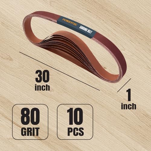 POWERTEC 1x30 Sanding Belts, 10PK, 80 Grit Aluminum Oxide 1 x 30 inch Sanding Belts for Belt Grinder, Belt and Disc Sander, Knife Sharpening, Woodworking, Metalworking (111290)