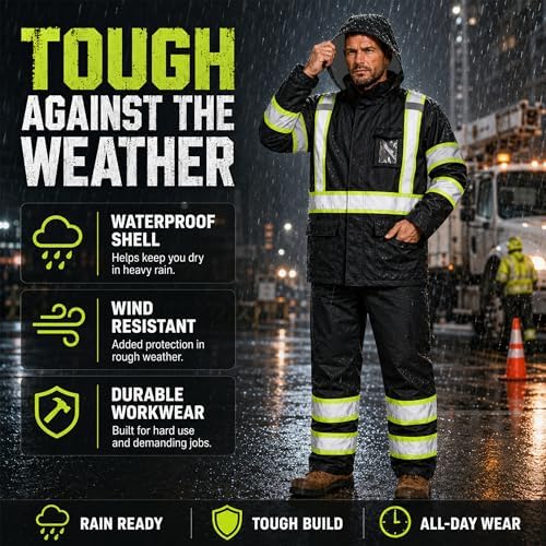 FATONE Rain Suits for Men Waterproof Reflective High Visibility Rain Gear Mens Heavy Duty, Hi Vis Rain Jacket & Pants with Black Bottom Class 3 ANSI/ISEA Compliant, Black 4XL/5XL