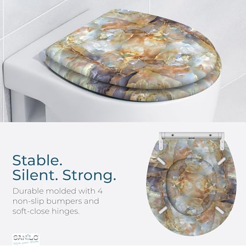 Sanilo Wooden Toilet Seat with Quick Release & Soft Close [ROUND] - Decorative & Slow Close Molded Wood Seat - With One Click for Easy Installation & Cleaning - With Adjustable Fit (Marble Brown)