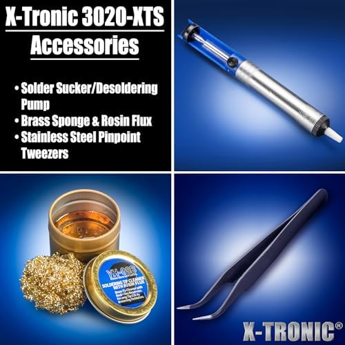 The Original X-Tronic 3020-XTS • 75W Soldering Iron Station Kit • 2 Helping Hands • 5 Extra Tips • Roll of Solder • Brass Sponge & Flux • Tweezers • Solder Sucker • °C/°F Toggle & Sleep Features!