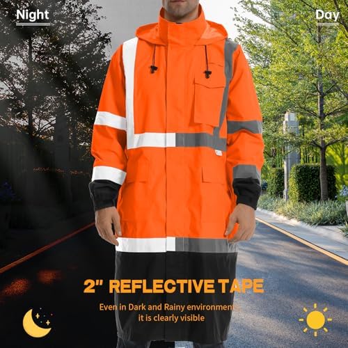 Hi Vis Rain Jacket with 3M Reflective Stripe,High Visibility Class 3 Rain coats,Safety Waterproof Rain Suits for Men with Hood and 2 Large Pockets construction work rain gear(Orange 3XL)