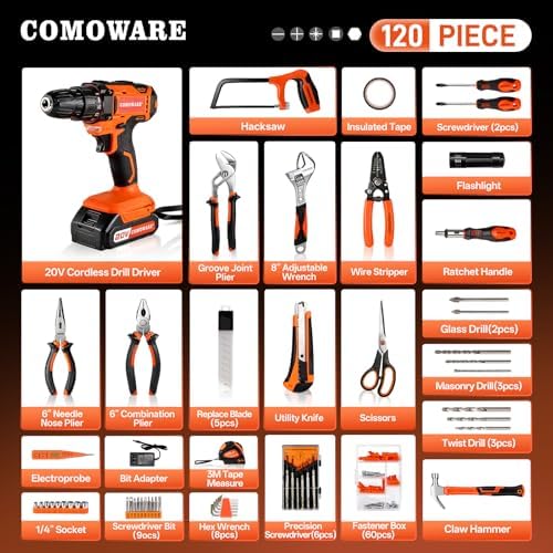 COMOWARE Household Tool Set with 20V Cordless Drill Driver, 120Pcs Hand Tool Kit for Men, Power Drill Set with Plastic Toolbox, Ideal for Office, Garden, DIY Project