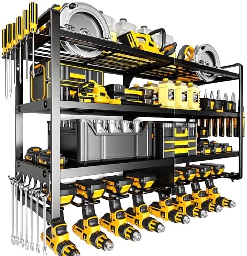 POKIPO Large Power Tool Organizer Wall Mount,4 Layers Heavy Duty Metal Loads 400lbs,Power Tool Shelf Battery Storage with 8 Cordless Drill Holder,Utility Racks for Garage Workshop
