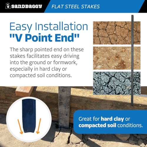 Sandbaggy 60" Flat Steel Stakes for Concrete Forms with Nail Holes - 1.5" Wide - Painted - Removable, Reusable, V Point End - Construction Grade Stakes (10, 60 inch)