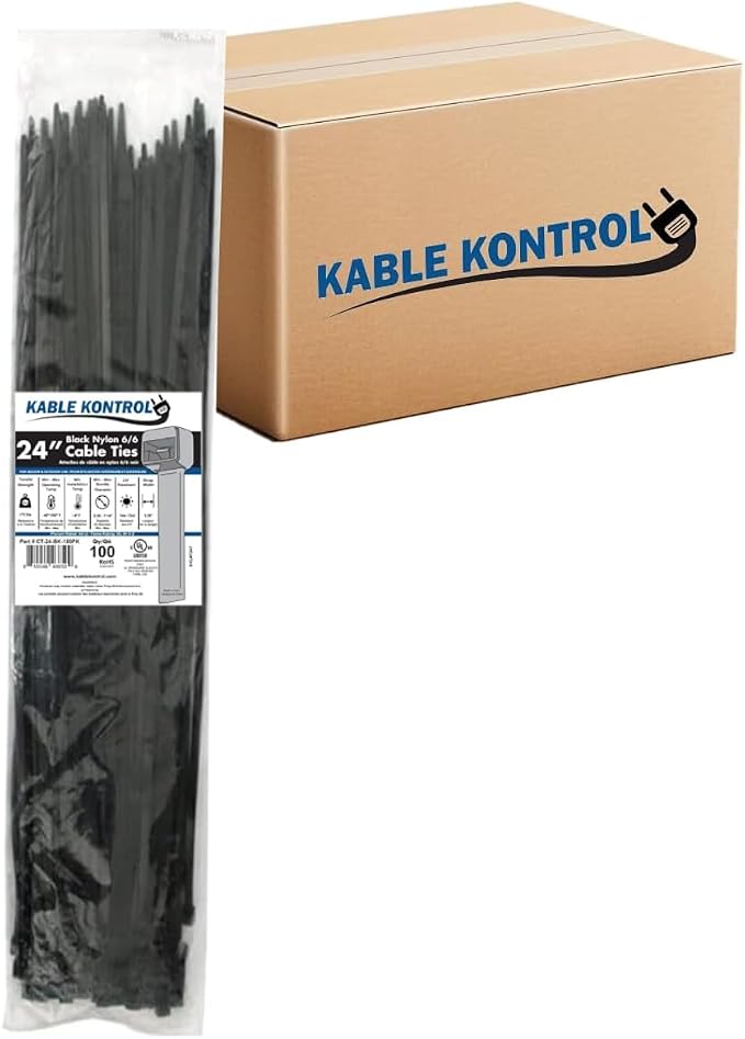 Kable Kontrol Cable Zip Ties, 24 Inch, 1000 Pcs, HD 175lbs Test, Black | Nylon Plastic, UV-Resistant, Self Locking, UL Listed, Indoor & Outdoor Use