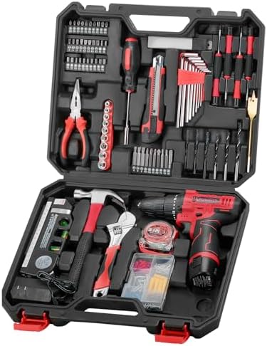 12V Cordless Drill Tool Set, 25+1 Torque Setting, Red Tool Kit for Home