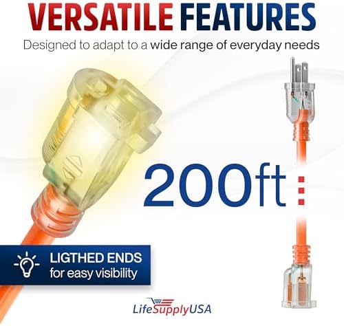 200ft Outdoor/Indoor Extension Cord 10/3 Gauge Ultra Heavy Duty 3 Prong SJTW, Waterproof, Flexible Cold-Resistant Long Power Cord,10A 125V 1250W, Orange by LifeSupplyUSA