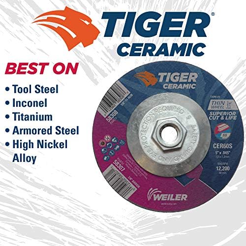 Weiler 58308 5 Inch Cutting Wheel, Tiger Ceramic Stainless Steel Superior Life & Cut Contaminant Free Max Performance Cutting, .045" CER60S Type 27 5/8"-11 Hub, Pack of 10