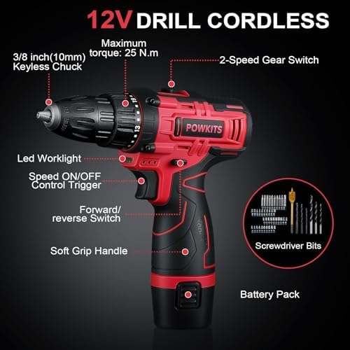 12V Cordless Drill Tool Set, 25+1 Torque Setting, Red Tool Kit for Home