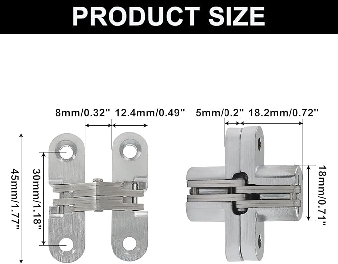 Murtenze 4 Pack Hidden Hinges, 1.77" Stainless Steel Cross Invisible Swing Hinges, 180 Degree Concealed Cross Hinge for Kitchen Cabinet Door