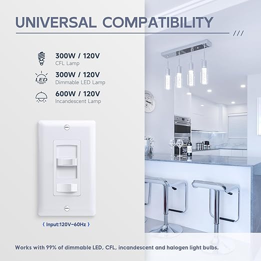 ECOELER Dimmer Light Switch, 3-Way/Single Pole Dimmer Switch for 300W Dimmable LED/CFL Lights and 600W INC/HAL Bulbs, No Neutral Wire Required, ETL&FCC Listed, White, 2 Pack