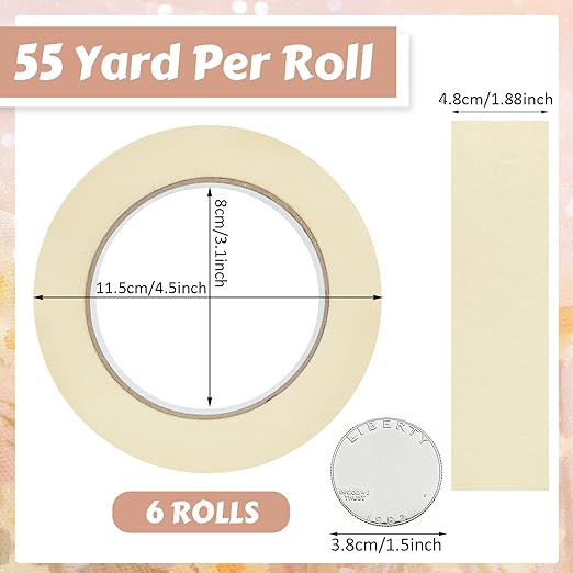 Fainne 6 Rolls Masking Tape Bulk General Purpose Masking Painting Tape 55 Yards for Painting Home Office School Stationery Arts Crafts Basic Use, Easy Removal (1.88 Inch)