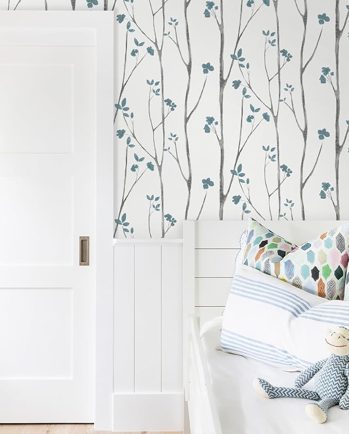 Timeet Peel and Stick Wallpaper White and Blue Floral Wallpaper Boho Leaf Contact Paper Self Adhesive Removable Wall Paper for Bedroom Bathroom Cabinet Wall Decoration 16"x78.7"