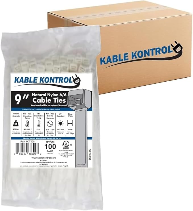 Kable Kontrol Cable Zip Ties, 9 Inch 2000 Pcs HD 250lbs Test, Natural White | Nylon Plastic, Self Locking, UL Listed, Indoor Use